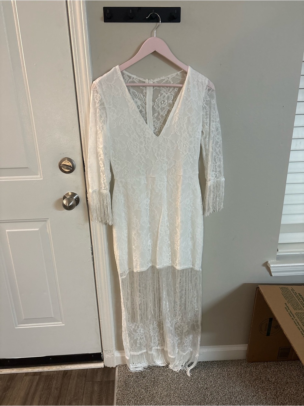 SHEIN White Lace V-Neck Maxi Dress with Fringe Sleeves
